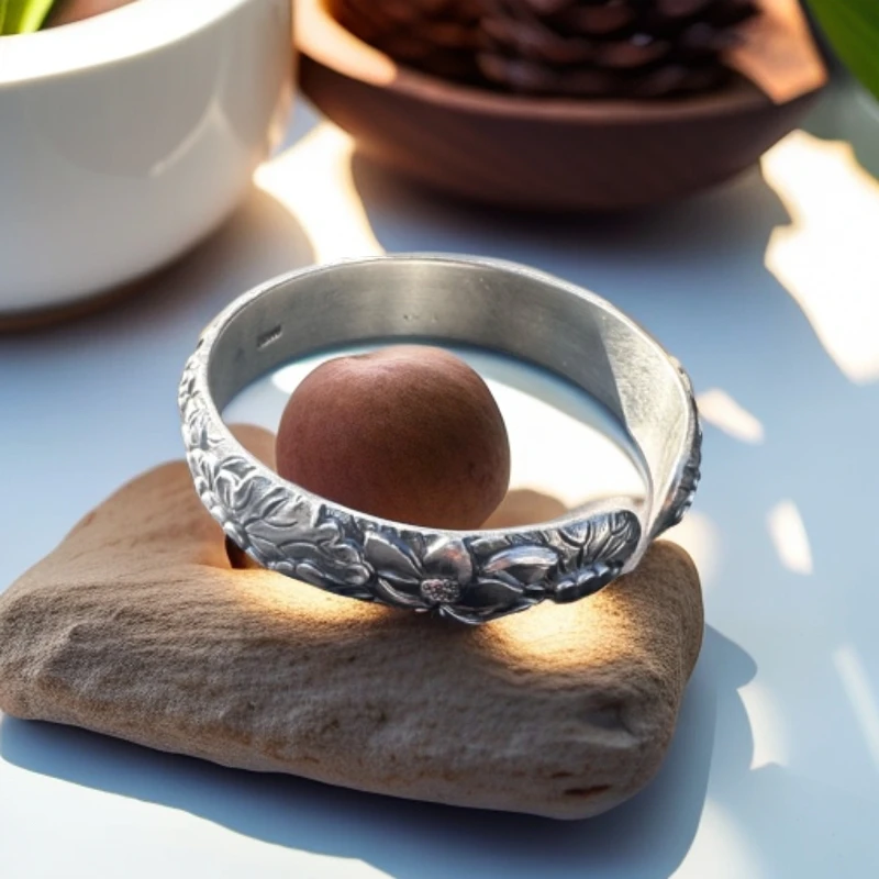 足银手镯 荷塘夜色富贵浮雕錾刻开口国风复古银镯子送妈妈礼物