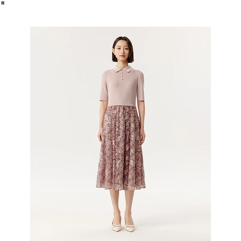 VGRASS25年春季新款印花蕾丝定位绣针梭假两件连衣裙VXL4Q1257A