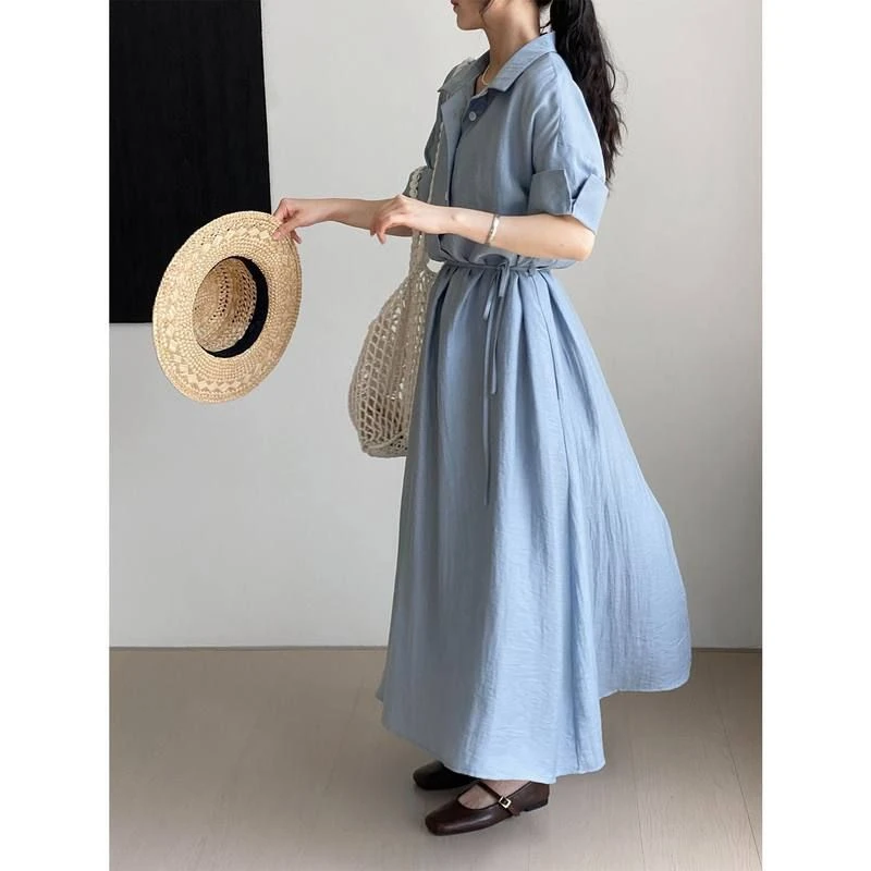 风慵懒亚麻舒适连衣裙回归 系带6079区那末~衬衫裙宽松翻领收腰