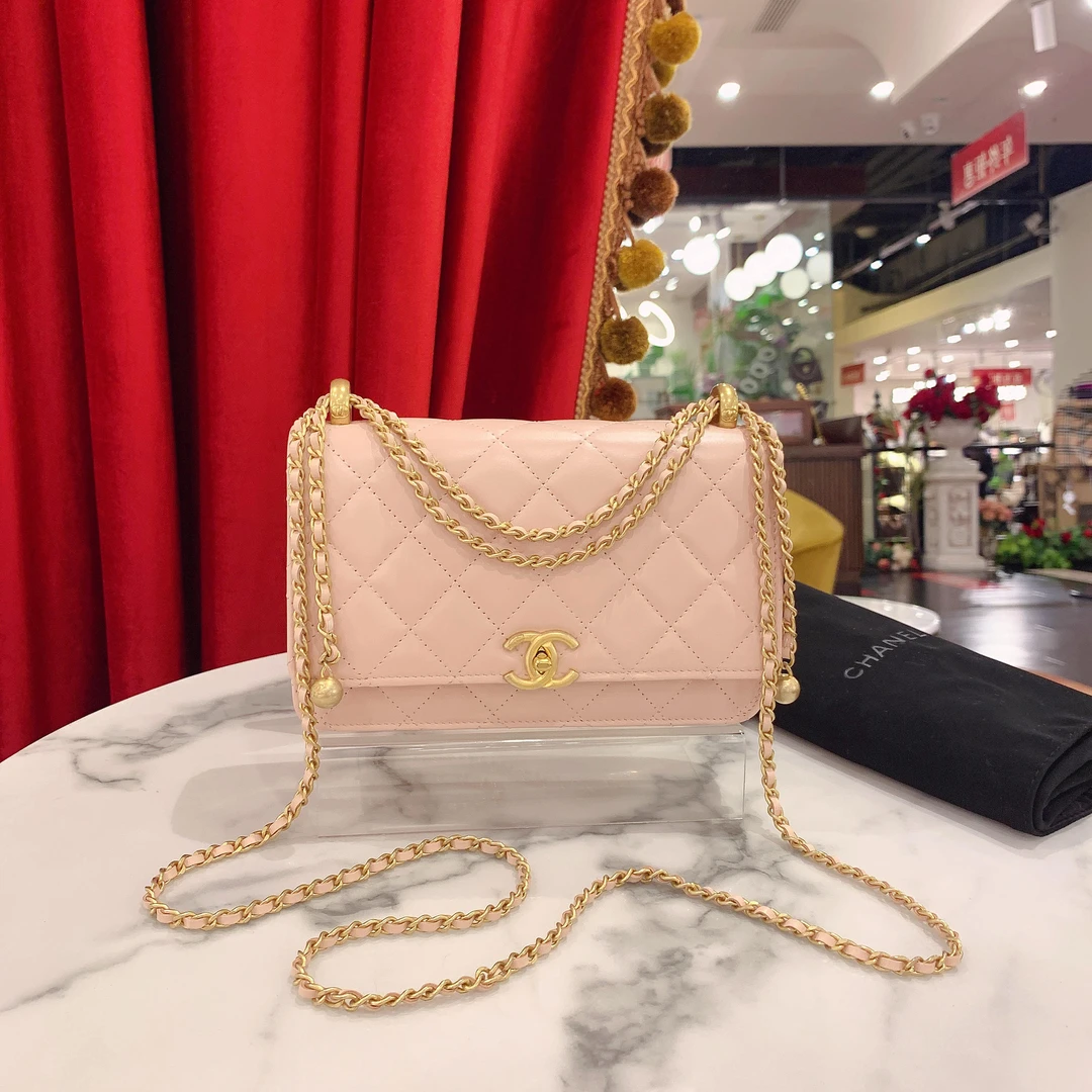 99新 Chanel/香奈儿 24c双金珠woc粉色金扣牛皮芯片款80087919