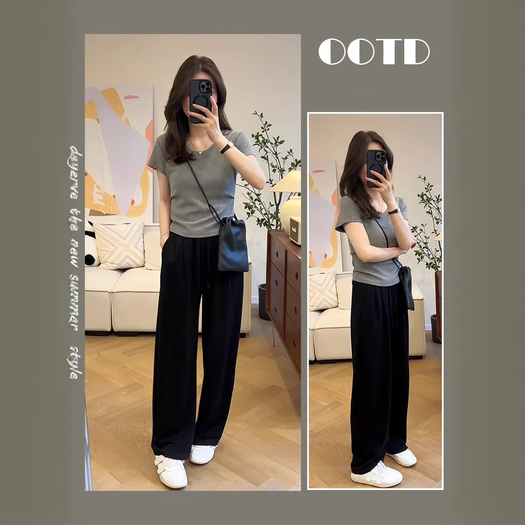 时尚套装女2025新款女装夏季纯色短袖T恤女高腰休闲阔腿裤两件套