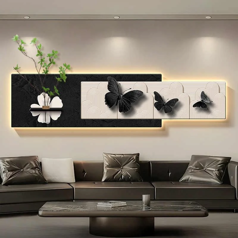 客厅装饰画高级感蝴蝶黑白水培瓶绿植diy创意沙发背景墙挂画壁画