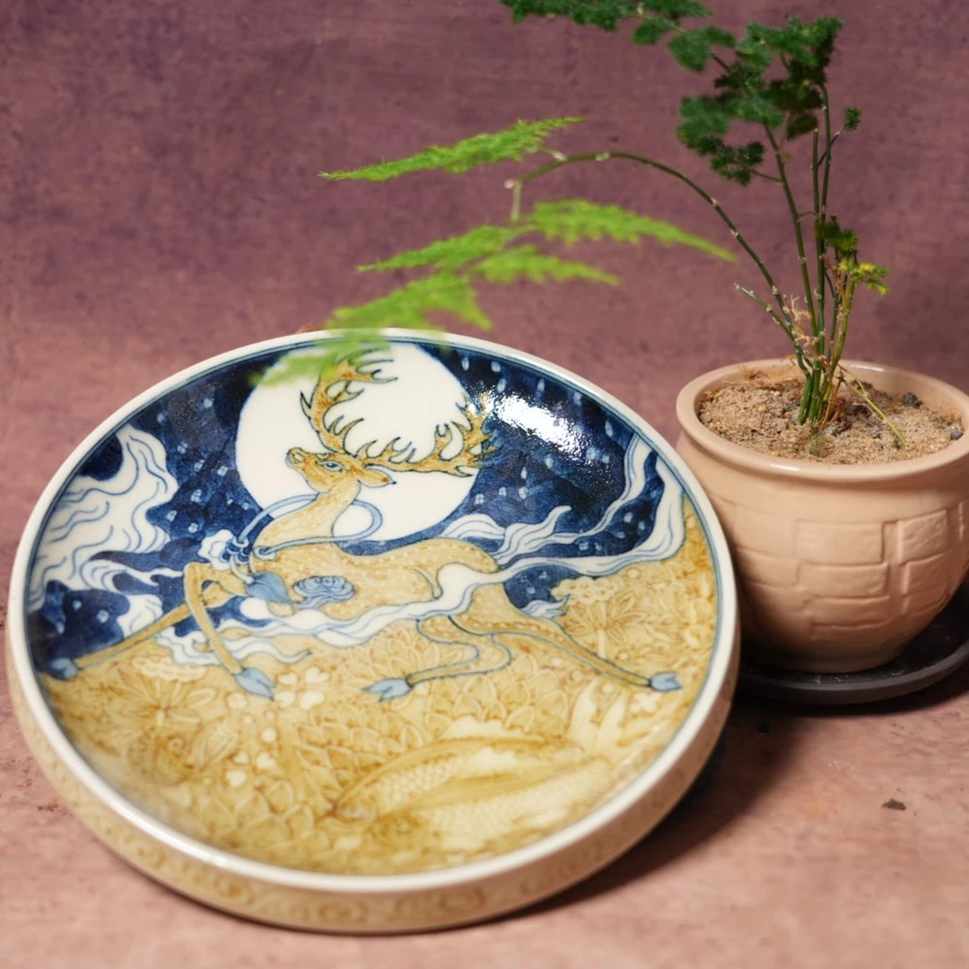 景德镇陶瓷-成龙釉里金月下神鹿壶承