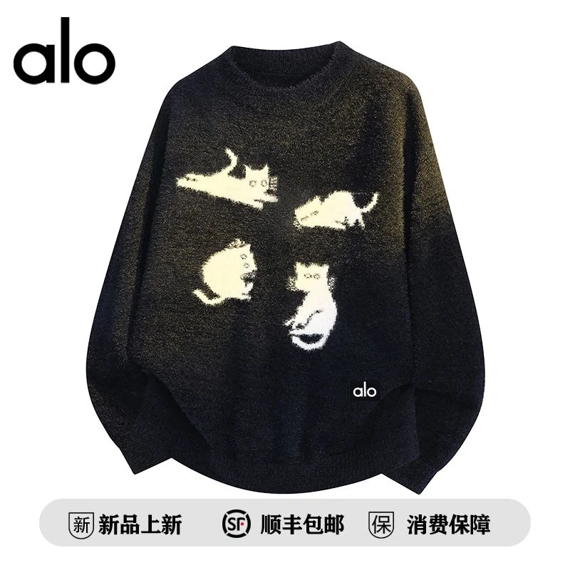 美国ALO WOLFO官方旗舰正品情侣冬新款小猫印花复古针织衫外套