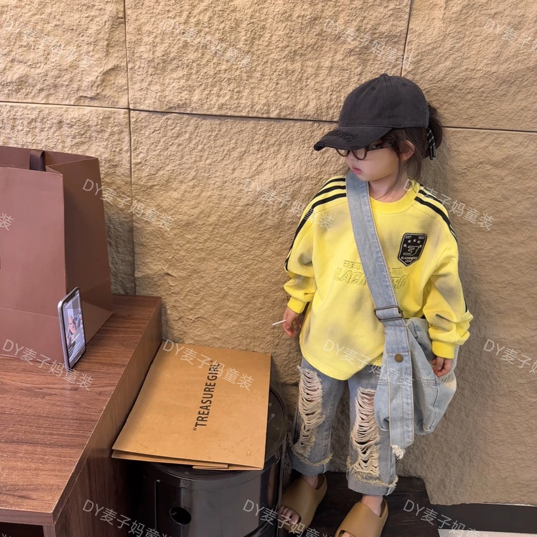 现MZ.春季新款儿童做旧晕染运动风字母印花长袖2020