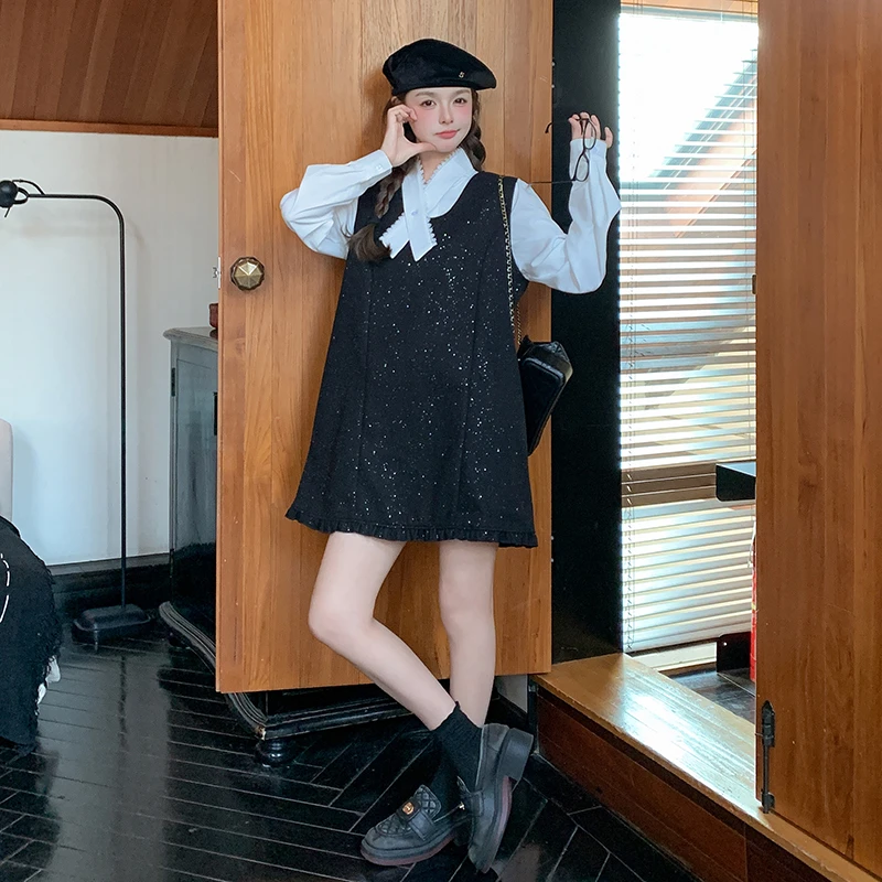 法式少女感小香风套装女2025春季新款蝴蝶结衬衫亮片背心裙两件套