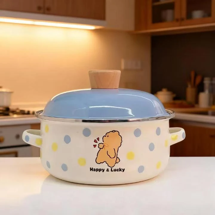 设计师款-20cm蓝点小熊双耳小蒸锅珐琅搪瓷小汤锅炖锅