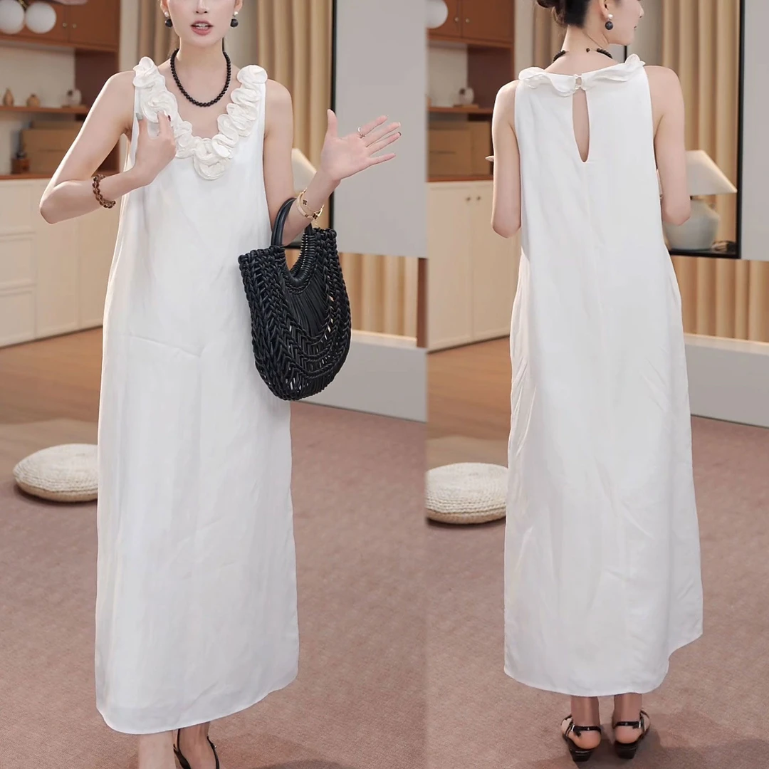 韩系百搭无袖连衣裙2025夏季新款时尚洋气设计感立体花朵背心裙子