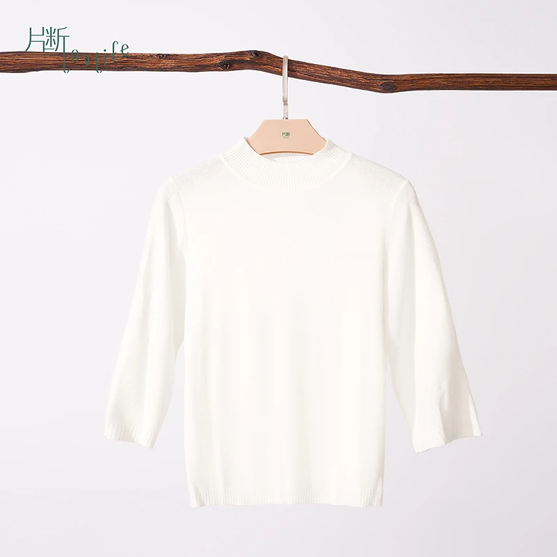 片断毛针织衫女新款半高领五分袖基础纯色百搭小众打底衫