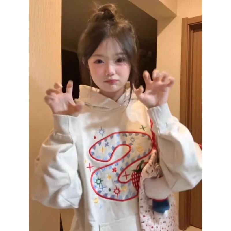 彩色锯齿草莓刺绣白灰色连帽卫衣女2025秋冬季宽松学院风百搭上衣