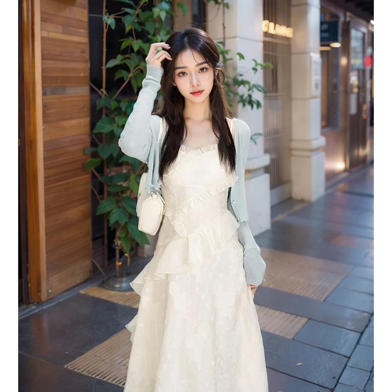 时尚韩系甜美法式吊带连衣裙子女夏季收腰显瘦气质仙女长裙子套装