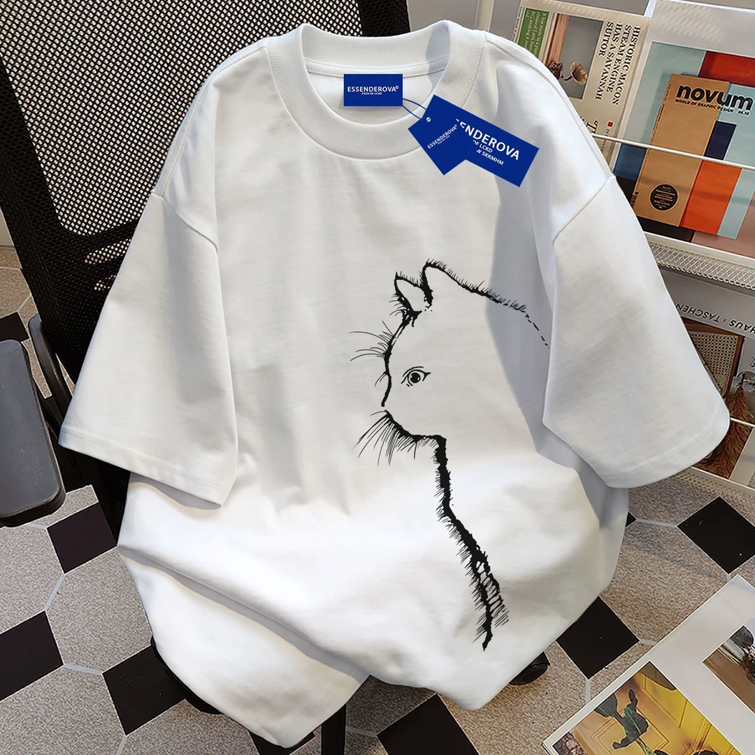 100%纯棉欧美复古小猫印花圆领女短袖潮牌t恤夏季百搭宽松上衣ins