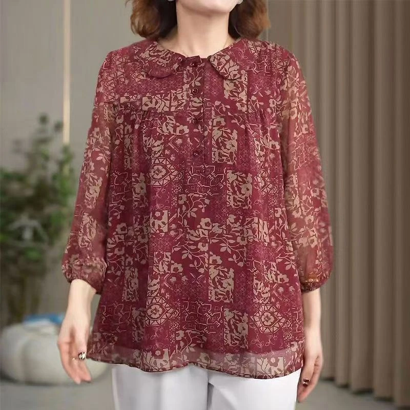 11大码女装小衫妈妈娃娃领印花上衣秋夏新款宽松遮肚子显瘦七分袖