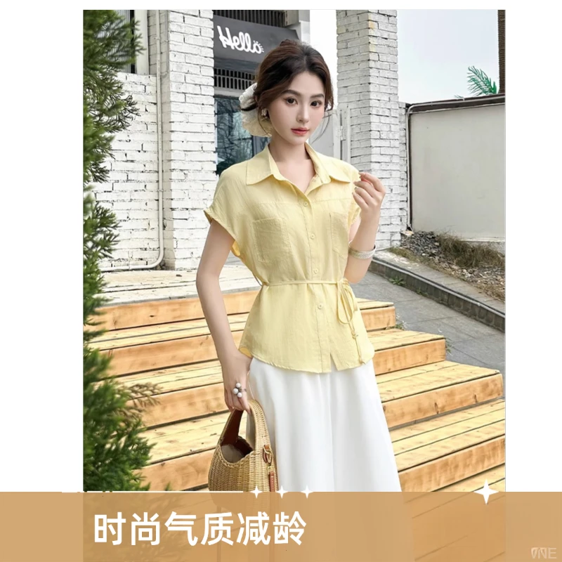 鑫诗妮时尚气质套装女2025夏季新款衬衫收腰显瘦薄款A字