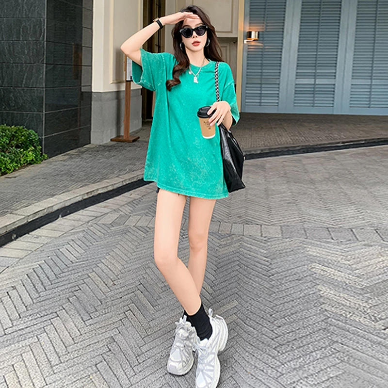 女夏季新款简约宽松圆领百搭纯色短袖T恤设计感时尚休闲运动上衣