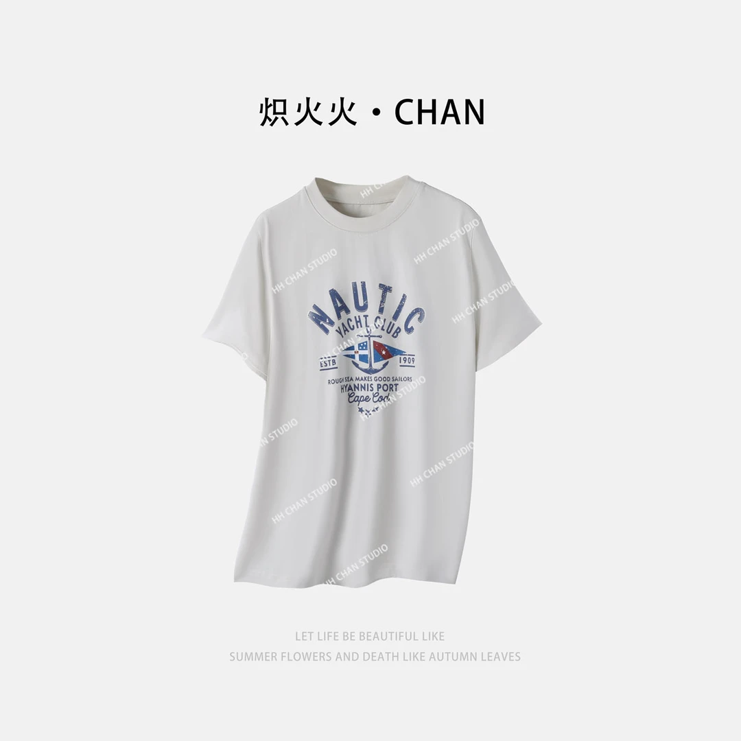 HH.CHAN“灵魂船长”100%棉美式复古指针圆领米白色T恤HH52D37785