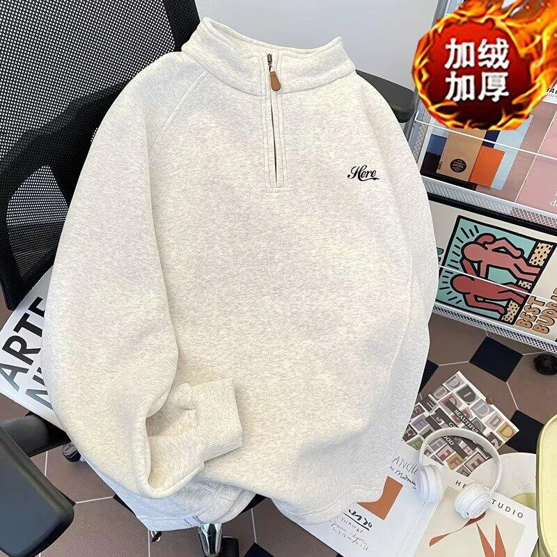 日系潮牌简约刺绣重磅立领加绒加厚卫衣女宽松休闲情侣上衣