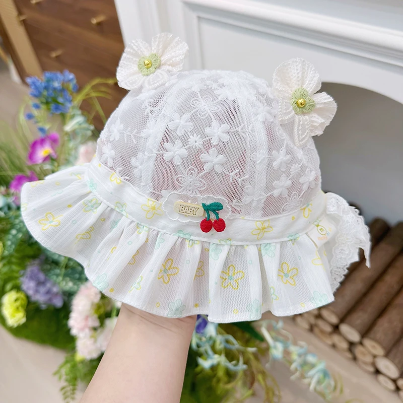 婴儿夏季透气渔夫帽女宝蕾丝公主防晒遮阳帽婴幼儿外出太阳帽盆帽