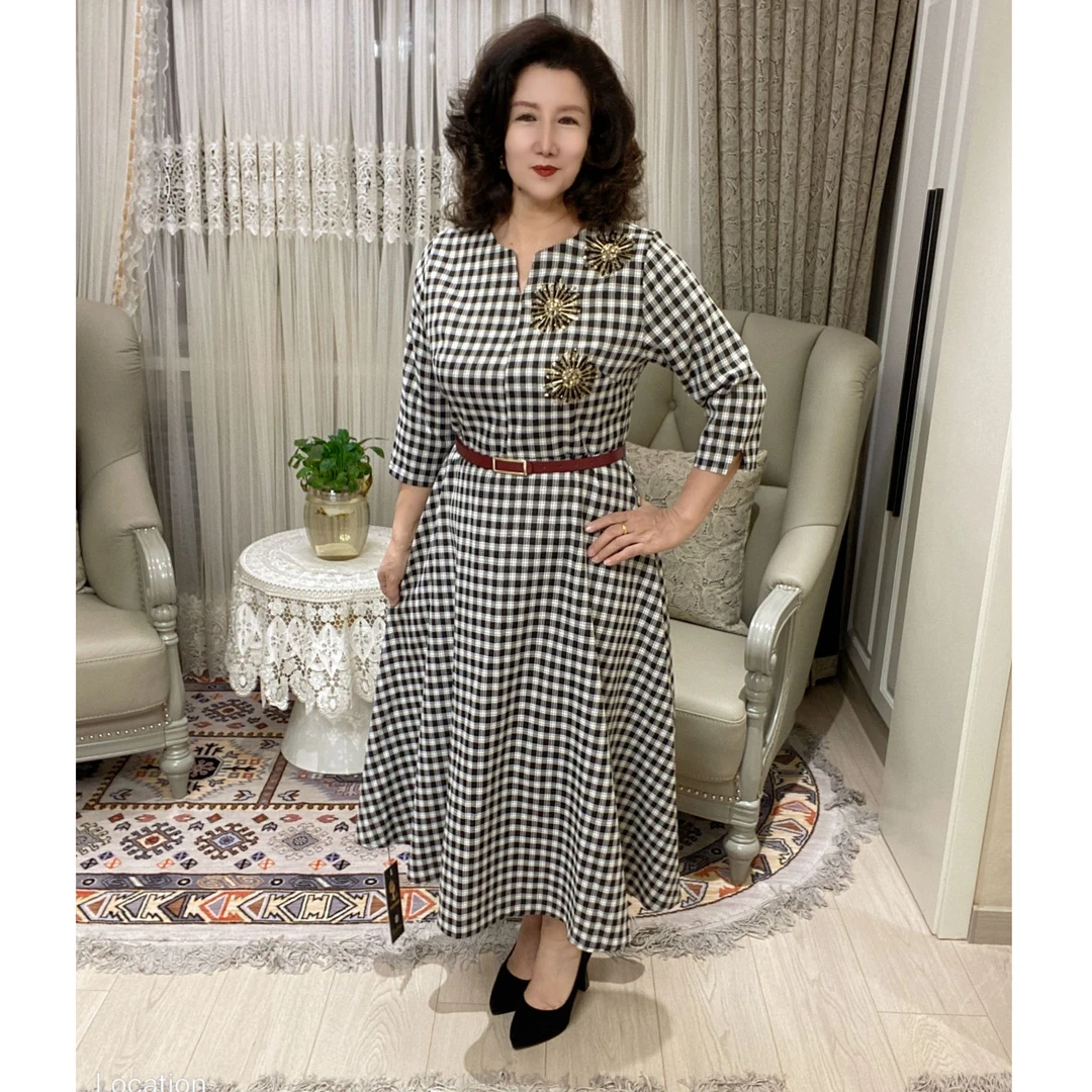 宽松腰格子纯色连衣裙辣妈夏季格纹中长款复古女装千鸟格