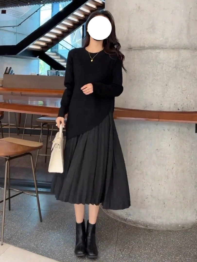 2025年秋季新款拼接假两件连衣裙法式过膝宽松显瘦休闲百褶裙子