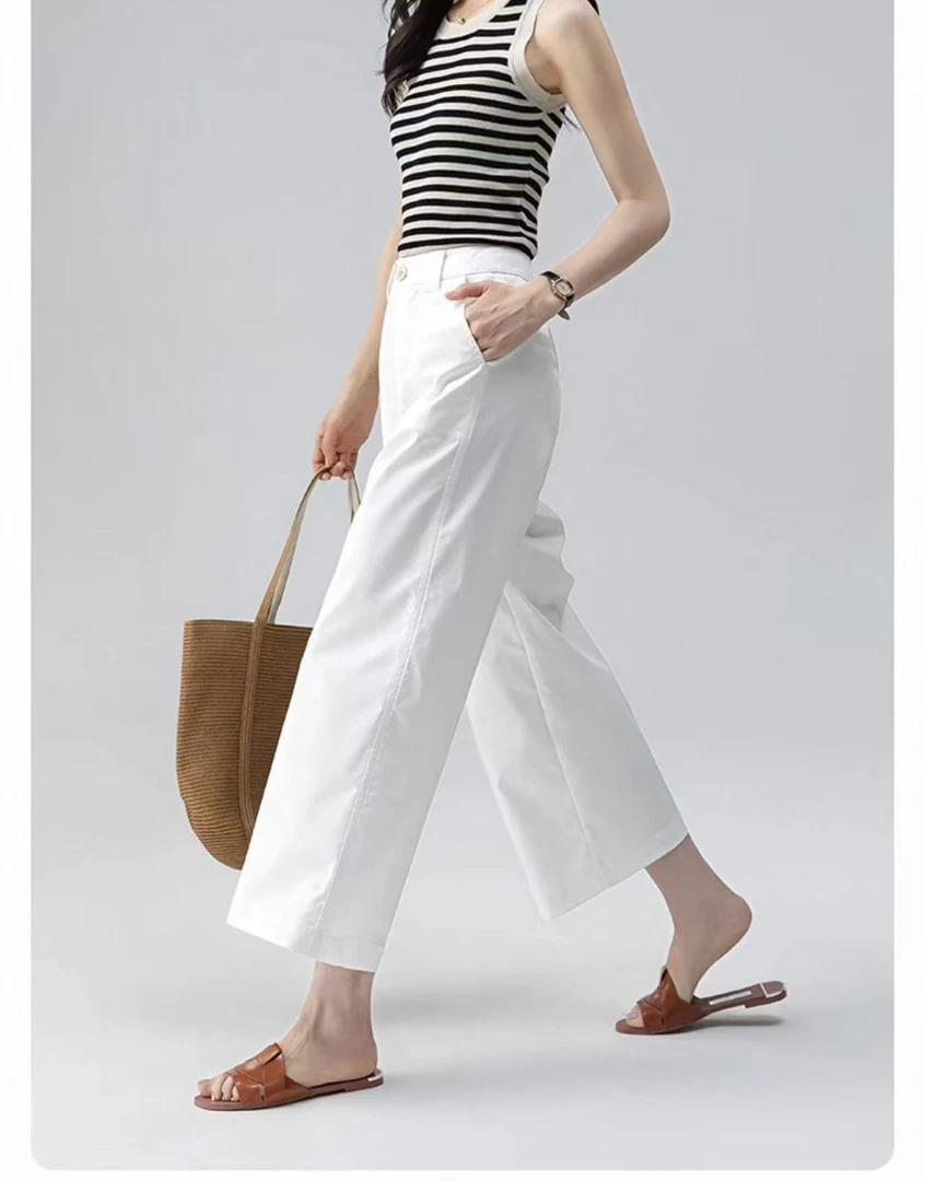 新款显瘦通勤阔腿裤女夏季薄款白色休闲直筒女裤高腰宽松九分裤子
