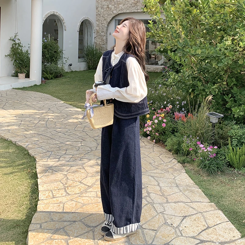 可盐可甜牛仔套装女2025早春新款设计感马甲条纹拼接阔腿裤两件套