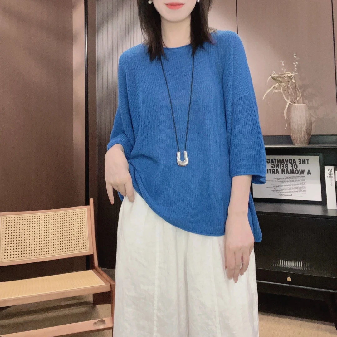 相菲一2025夏季新款韩版宽松慵懒风针织T恤 进口和纸纱七分袖上衣