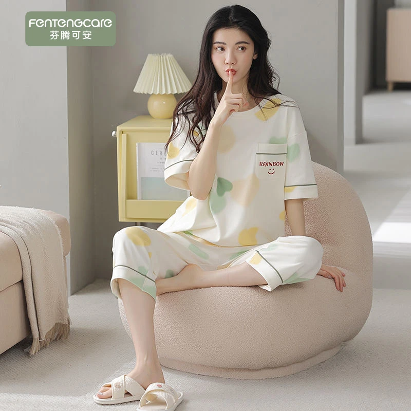 芬腾可安女士睡衣夏季纯棉薄款短袖七分裤套装女款全棉可爱家居服