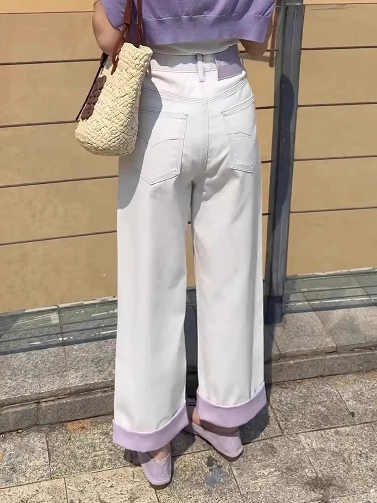 米白撞色百搭卷边九分直筒裤夏季新款大码梨型身材显瘦阔腿牛仔裤