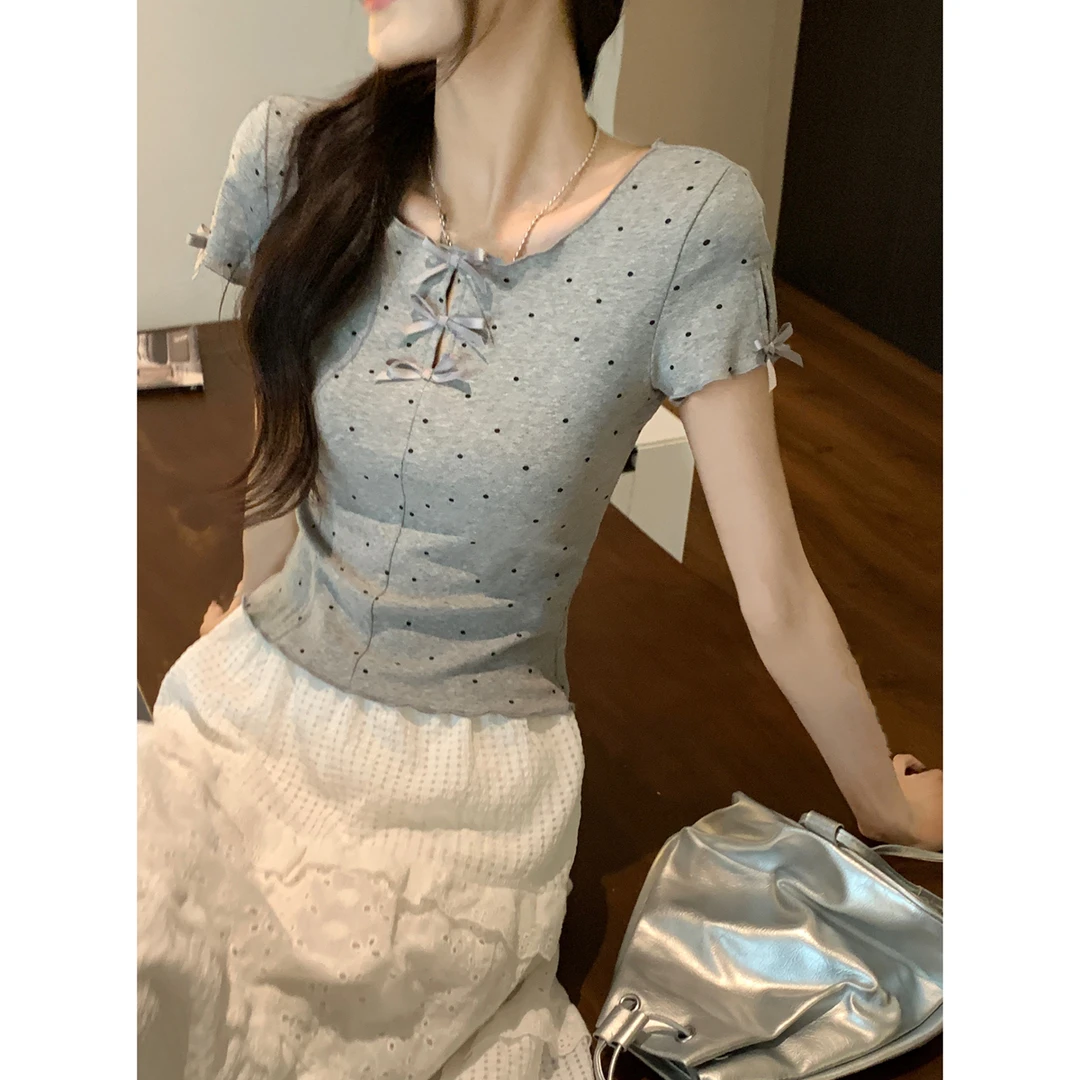 春夏韩版圆领镂空蝴蝶结减龄波点纯欲短袖上衣T恤女