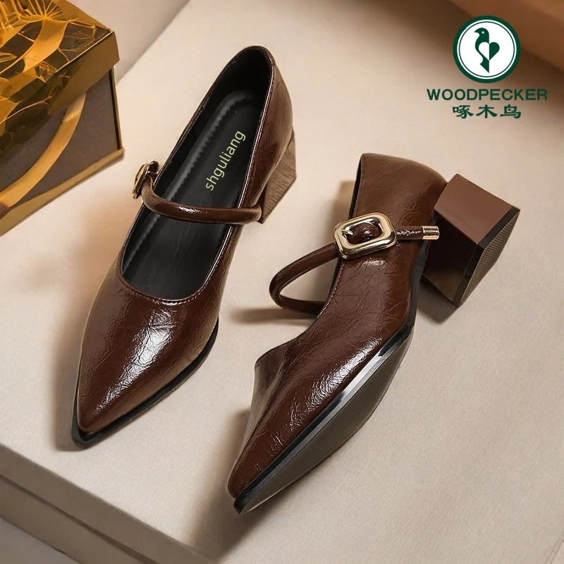 啄木鸟尖头单鞋女春秋粗跟软皮玛丽珍鞋2025年新款百搭黑色高跟鞋