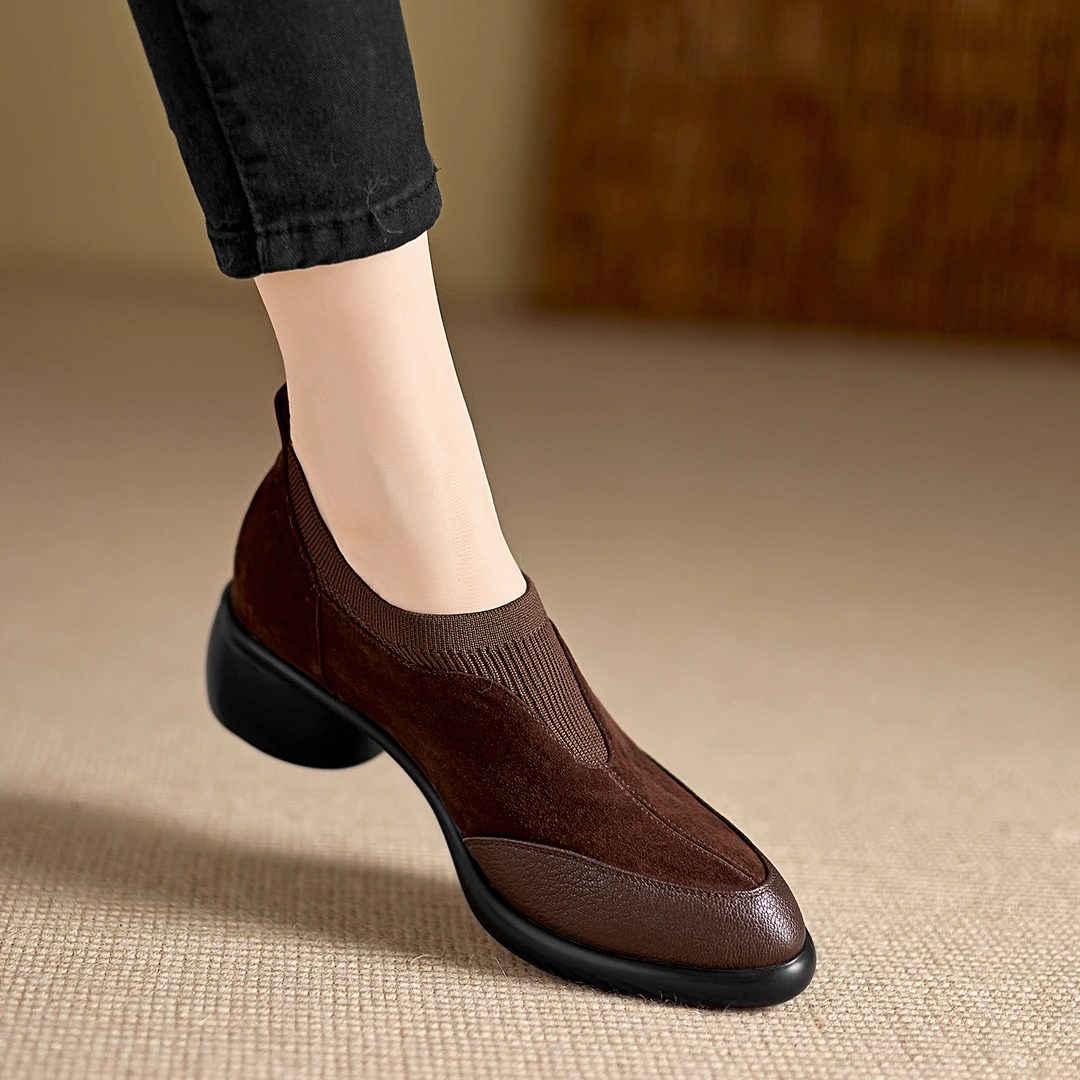 不累脚手工女鞋5cm~拼接复古风厚底深口磨砂皮尖头单鞋百搭乐福鞋