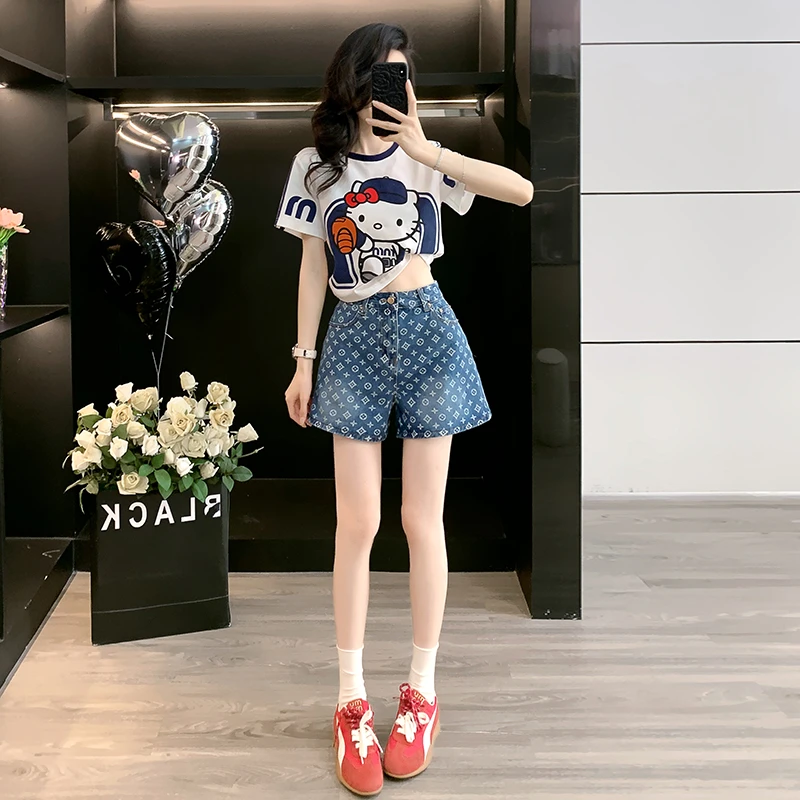 女装夏装套装2025新款爆款洋气kt猫减龄白色短袖t恤显瘦阔腿短裤