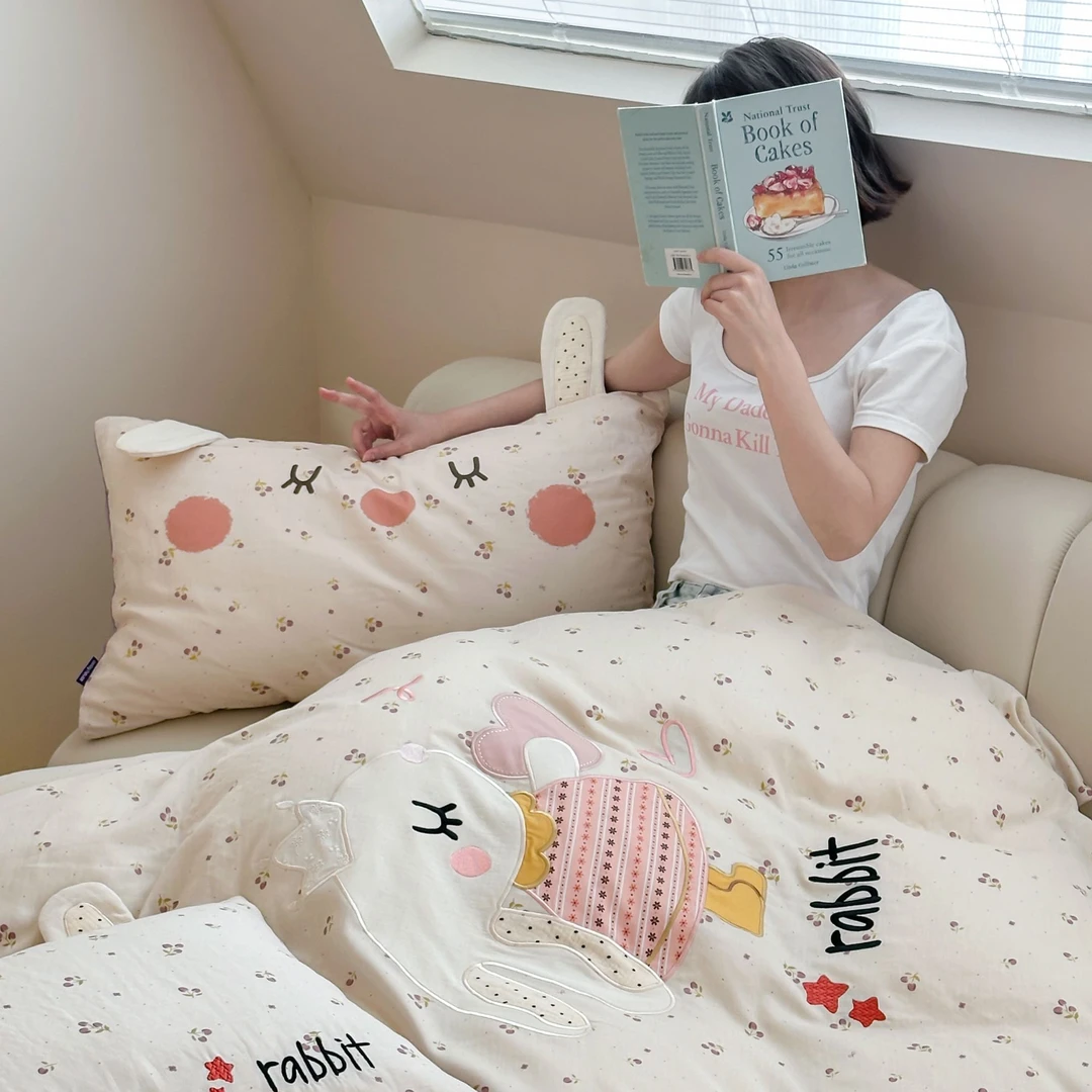 前兔无量 高紧密纯棉纱布贴布绣四件套 软糯透气天花板全棉床品