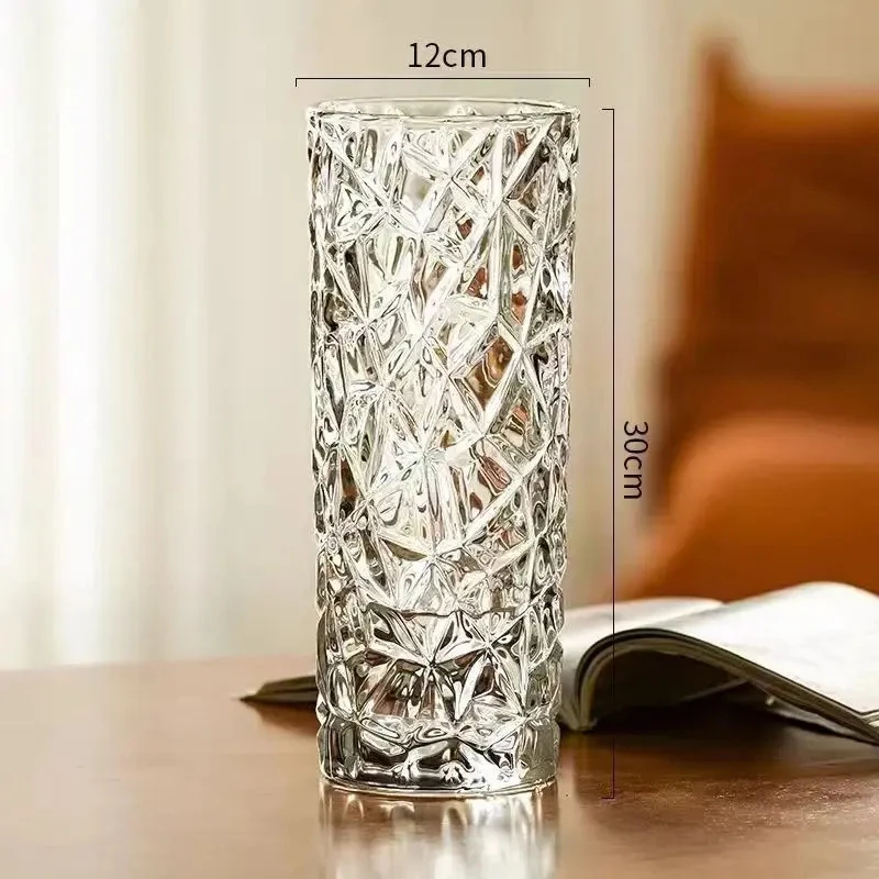 新款轻奢洛神玻璃花瓶冰草纹透明水养富贵竹玫瑰百合客厅插花摆件