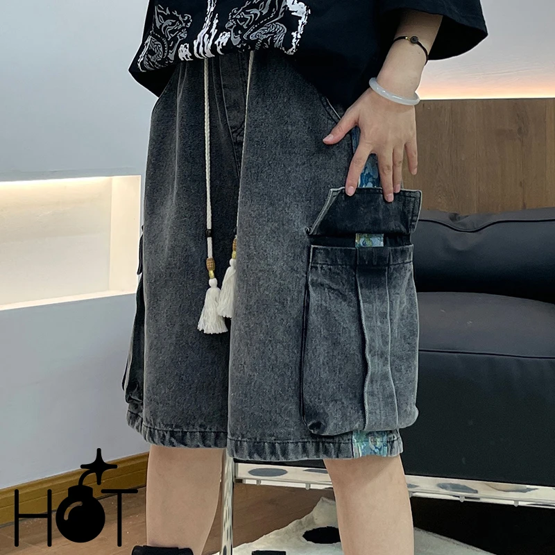 MONOLOGE国风夏季水洗牛仔短裤男女款百搭中裤直筒宽松五分裤裤子