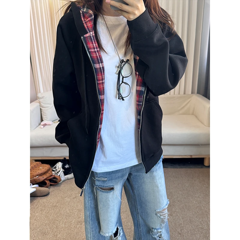 420克重磅美式复古慵懒风拼接格子卫衣外套男款秋季连帽开衫宽松