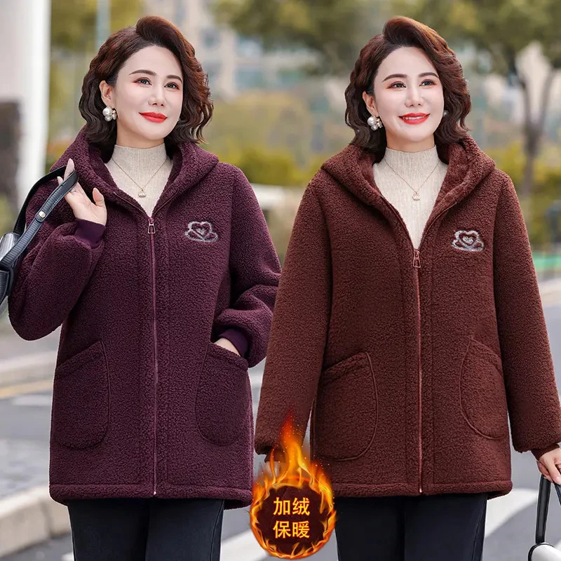 中老年女装冬装加绒加厚保暖外套妈妈冬季颗粒绒洋气连帽棉衣棉服