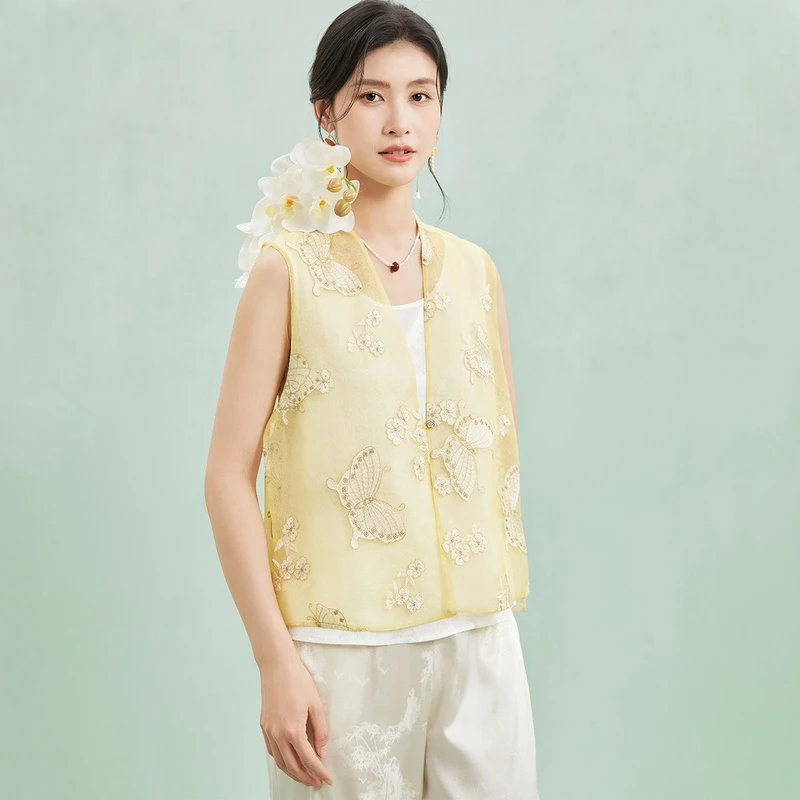 金菊【桑蚕丝金线蝴蝶绣花】叠穿气质简约新中式百搭新款女式背心