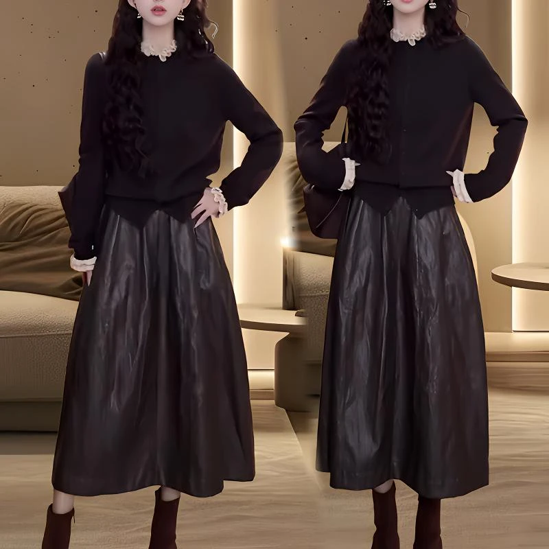 2025秋季新款假两件针织开衫搭皮裙半身裙洋气大小姐复古穿搭