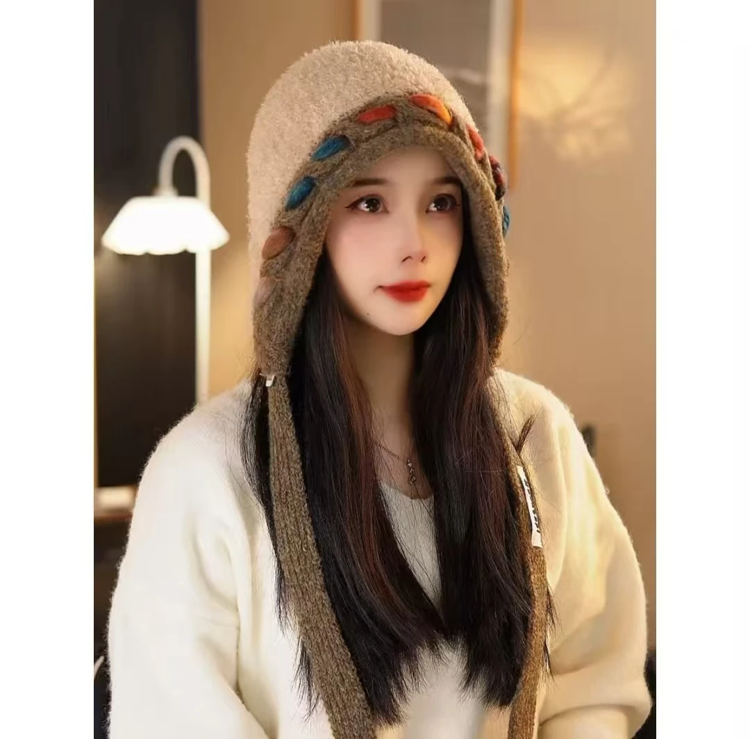 毛绒彩色多巴胺针织帽子女2025秋冬款新款保暖防风护耳帽套头帽潮