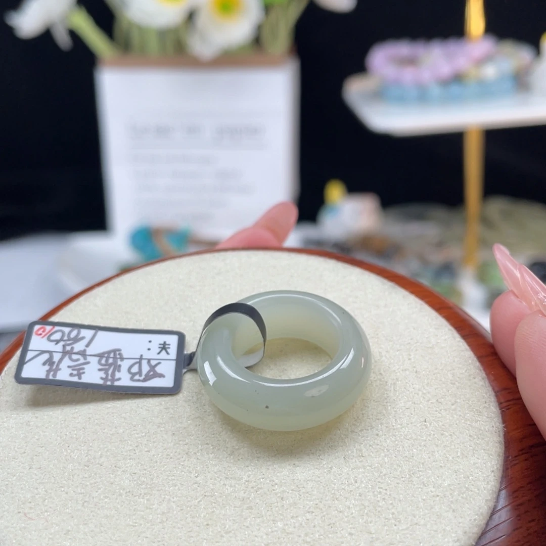 和田玉未镶嵌戒指o12奶蓝青花16.5