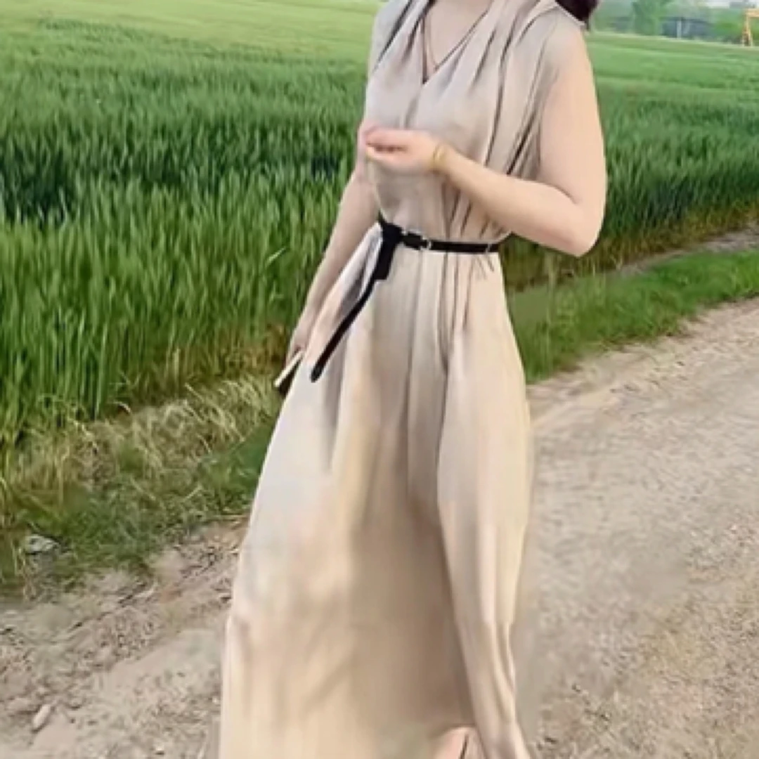 优雅气质拼接夏季复古气质V领收腰韩版无袖百搭女装