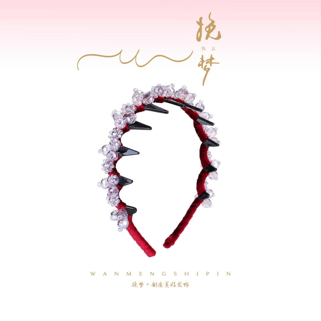 【花嫁】精品水晶新款精致重工红色丝绒百搭气质倒齿发箍WM-869
