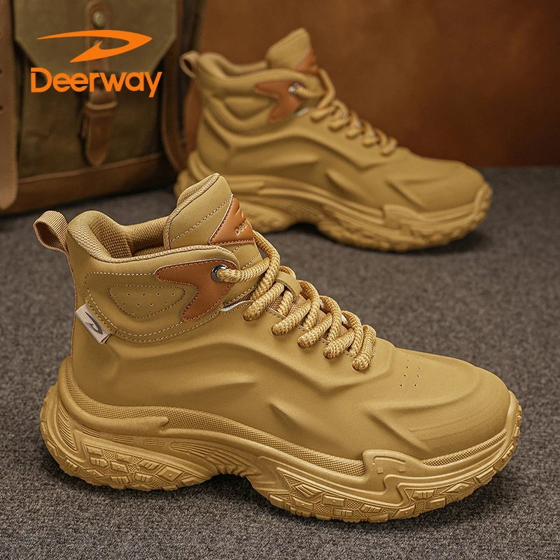 德尔惠马丁靴男款秋季复古休闲工装靴防水户外运动登山钓鱼大黄靴