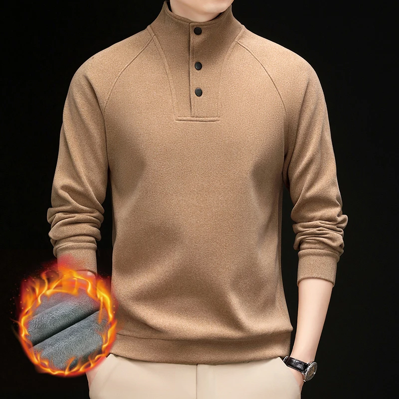 冬季男装新款男士卫衣加绒加厚半高领纯色高档加绒加厚卫衣男款