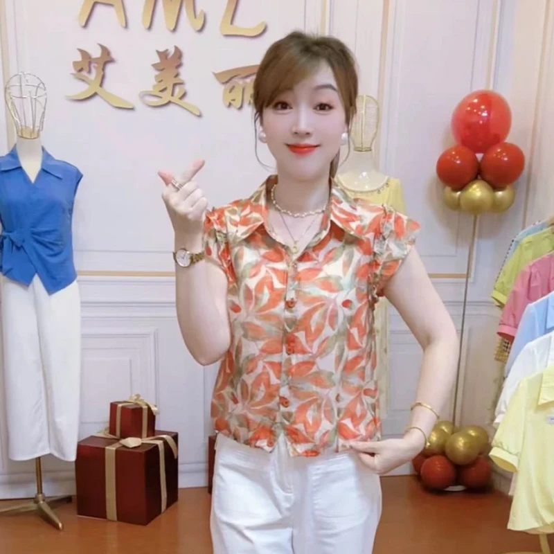 时尚飞飞袖衬衣女2025夏季新款洋气宽松显瘦高级感碎花气质衬衫潮