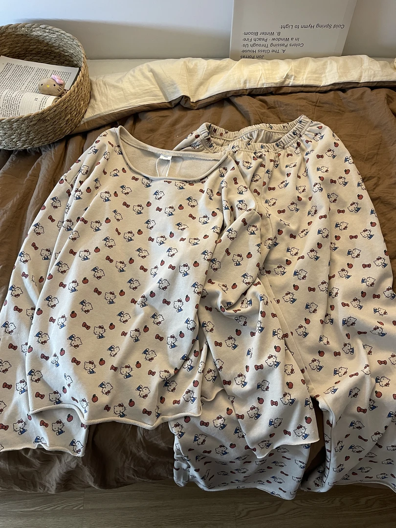 休闲KittyT恤韩系睡衣性感斜肩女长袖长裤秋冬季可外穿家居服套装