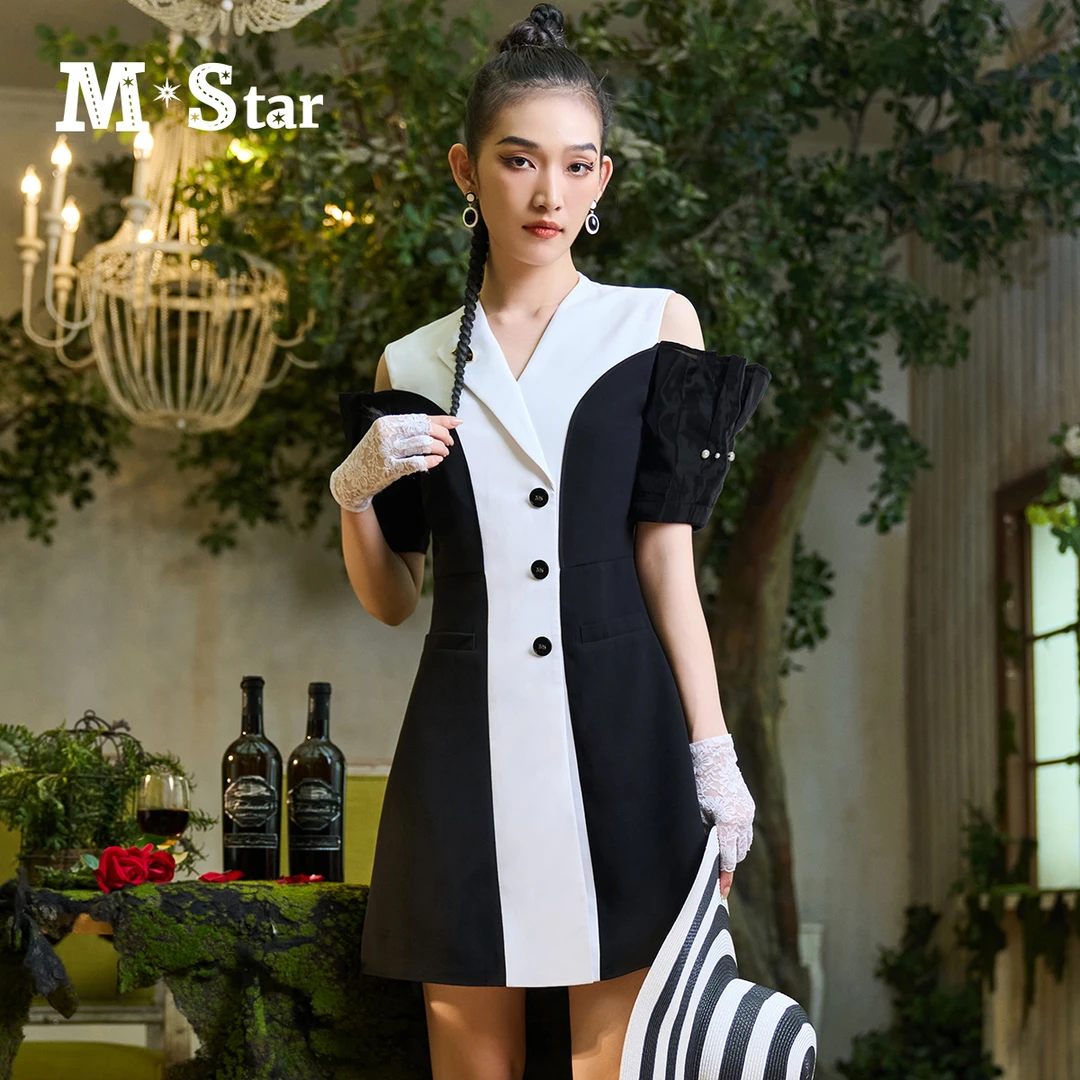 【芊芊专属】M-Star夏季法式黑白拼接露肩短款连衣裙女SEBL122557