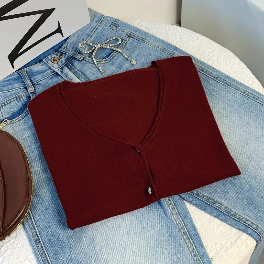 清-汤圆吖时尚纯色v领针织开衫292609